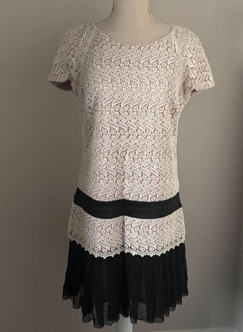 JAX Womens 8 Ivory Lace Black Chiffon Drop Waist Cocktail Dress Flapper Party